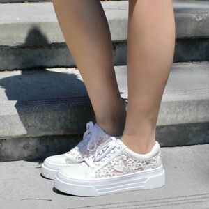 J Slides White Lace Platform Sneakers